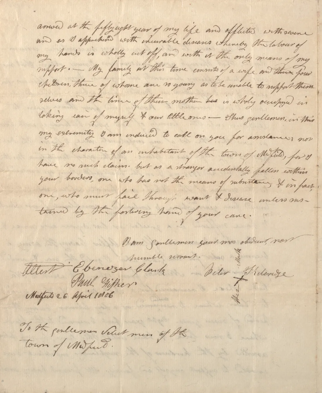 Petiton from Peter Kiteredge to the selectmen of Medfield, April 26, 1806. (The Gilder Lehrman Institute of American History)