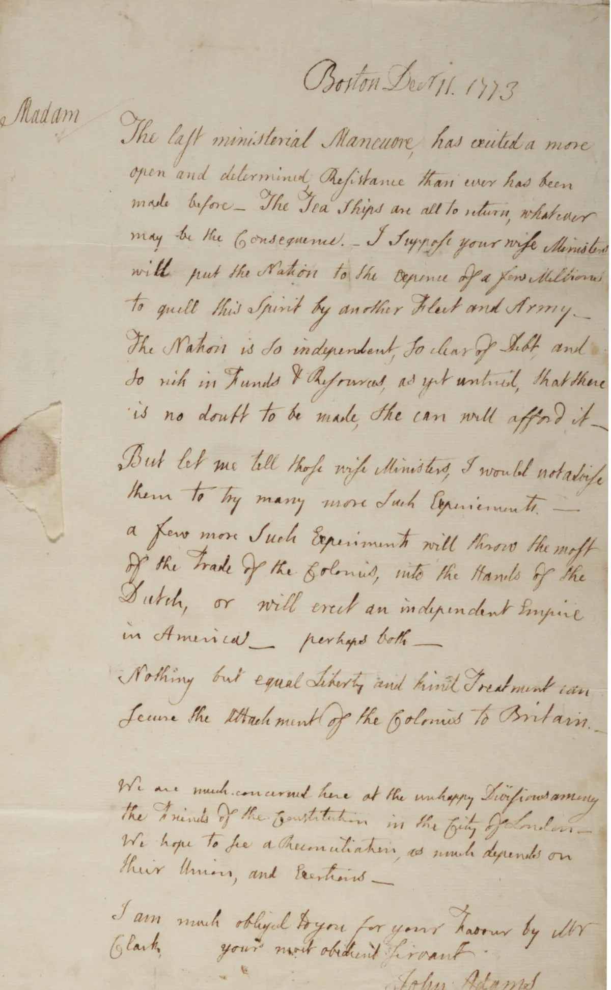 John Adams to Catharine Macaulay, December 11, 1773. (The Gilder Lehrman Institute of American History, GLC01787)