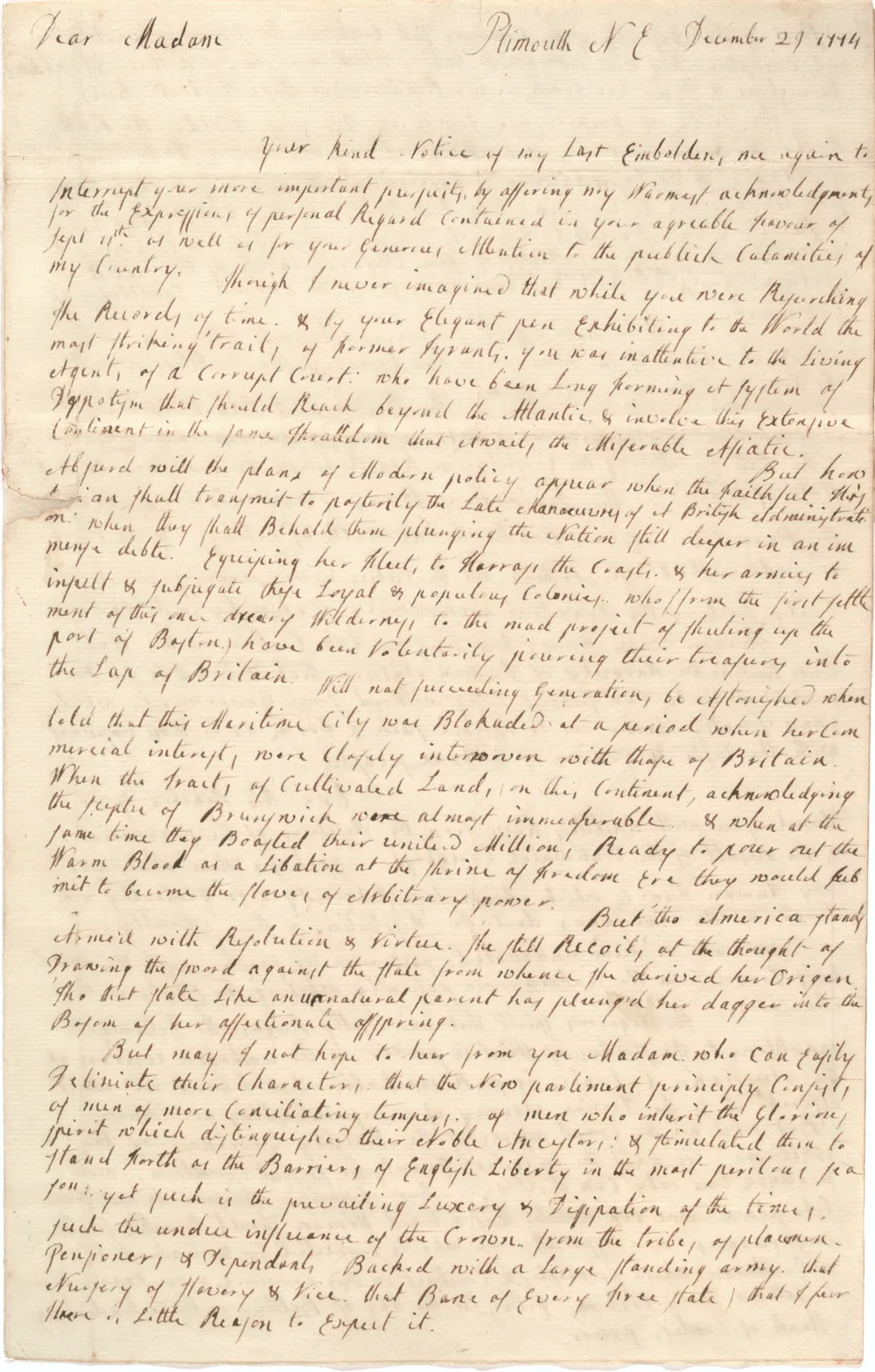 Mercy O. Warren to Catharine Macaulay, December 29, 1774. (The Gilder Lehrman Institute of American History)