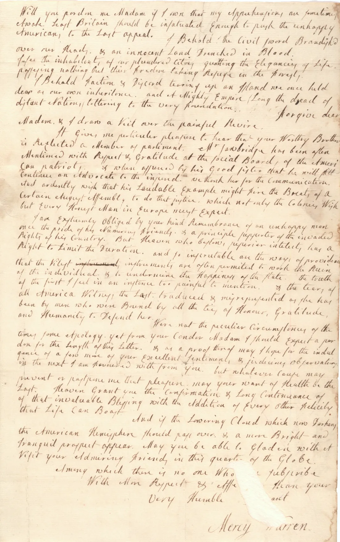 Mercy O. Warren to Catharine Macaulay, December 29, 1774. (The Gilder Lehrman Institute of American History)