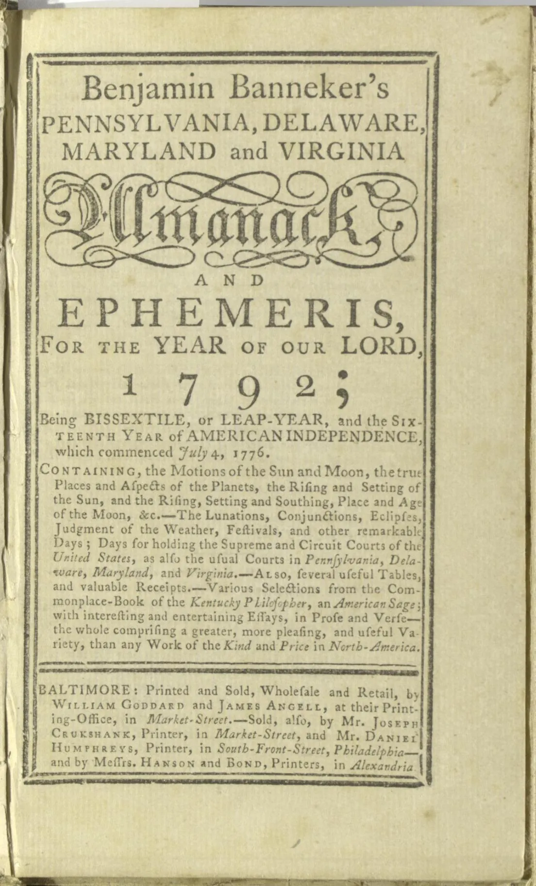 Benjamin Banneker’s Pennsylvania, Delaware, Maryland and Virginia Almanack and Ephemeris, for the Year of Our Lord 1792. (Library of Congress)