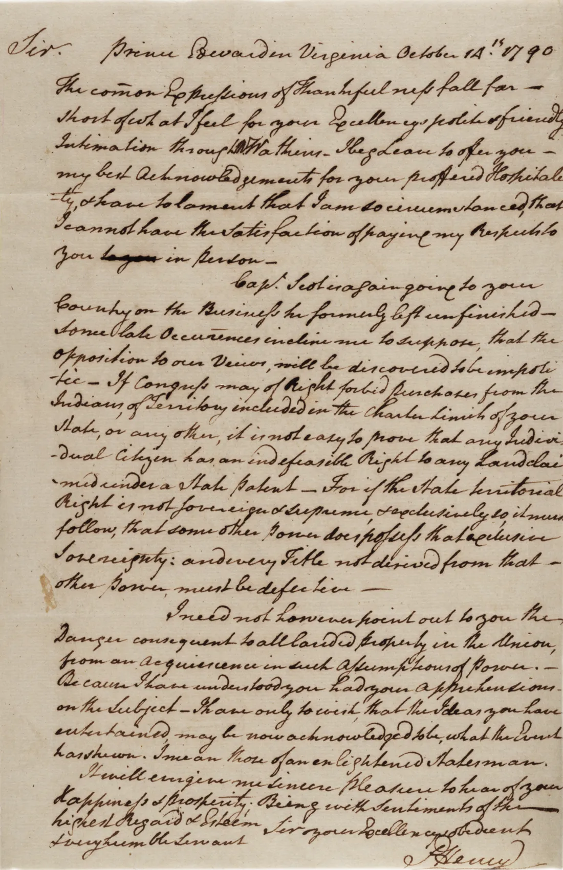 Patrick Henry to Edward Telfair, October 14, 1790. (The Gilder Lehrman Institute of American History)