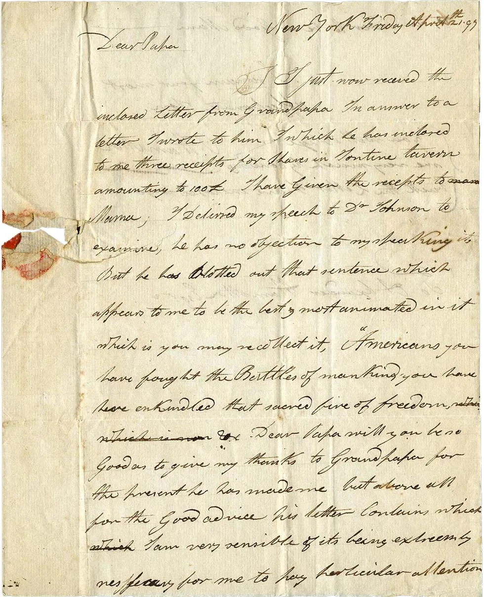 Philip Hamilton to Alexander Hamilton, April 21, 1797. (The Gilder Lehrman Institute of American History)