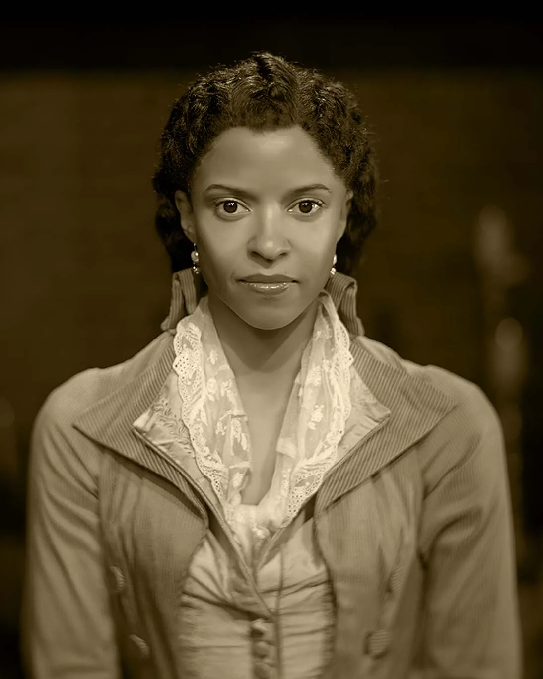 Renee Elise Goldsberry as Angelica Schuyler. Photograph by Josh Lehrer using a camera lens from the mid 1800s.