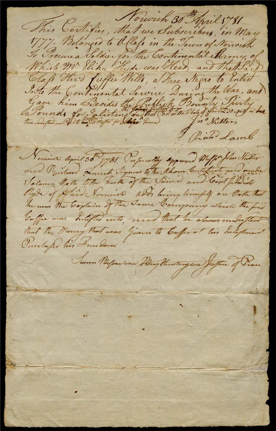 Certification of Cuffee Wells's purchase of freedom, April 30, 1781. (The Gilder Lehrman Institute of American History)