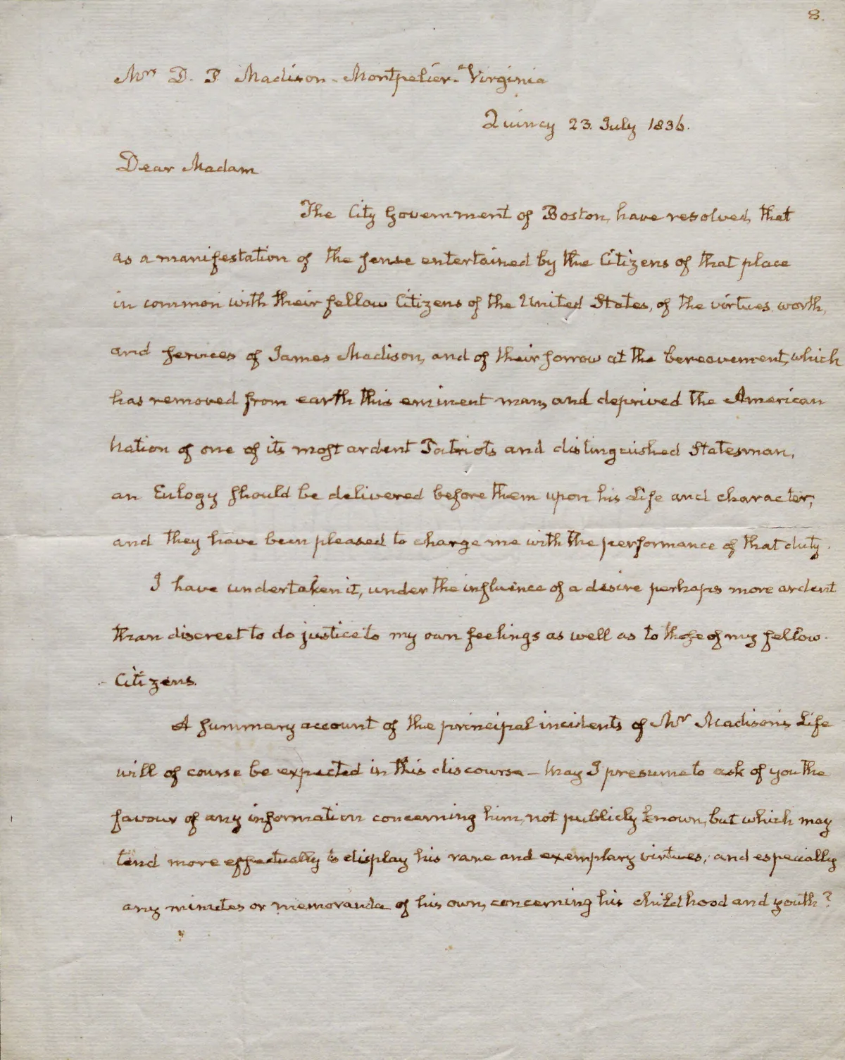 John Quincy Adams to Dolley Madison, July 23, 1836. (The Gilder Lehrman Institute of American History)