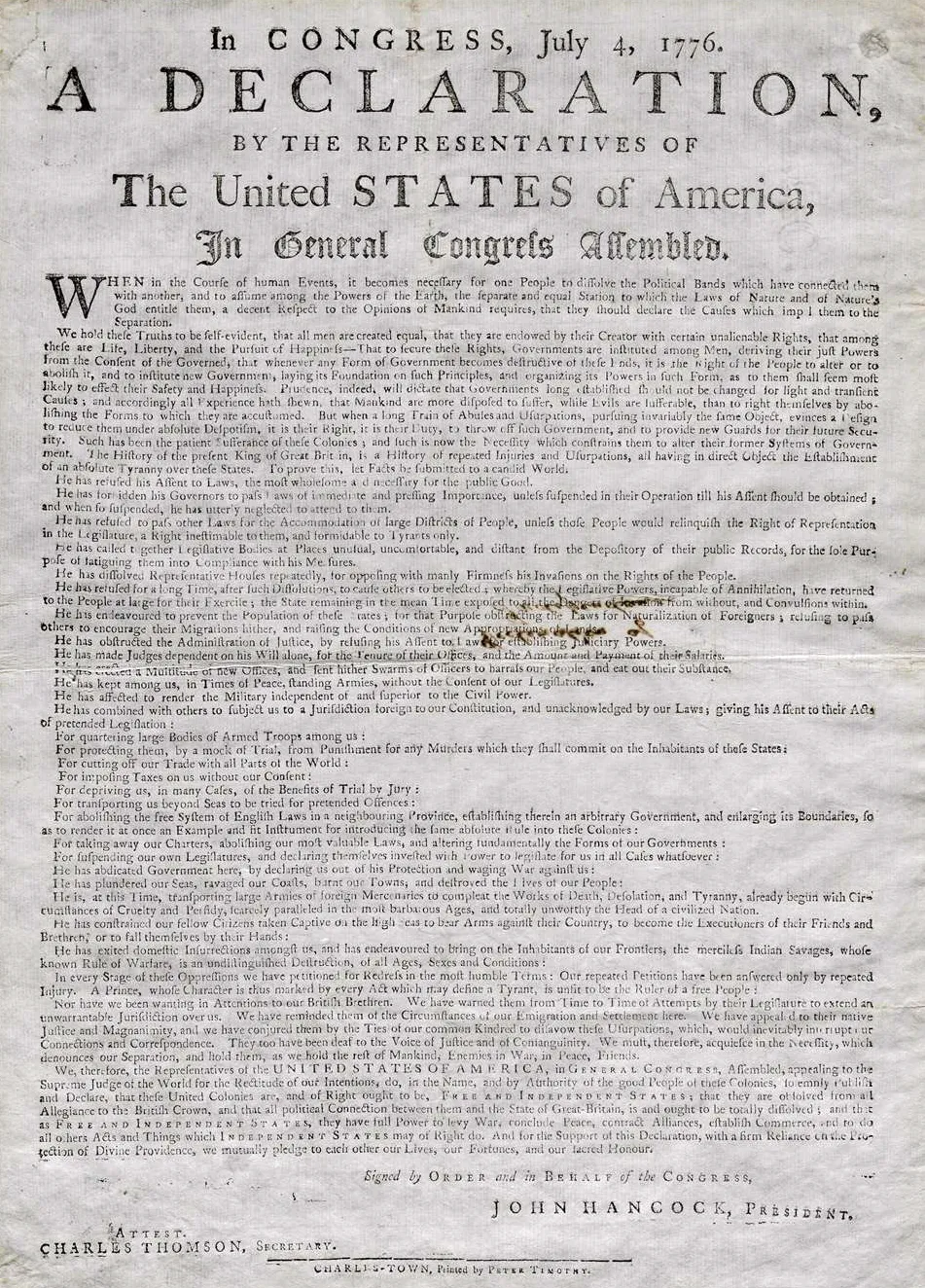 Declaration of Independence, Charleston, South Carolina, printed August 2, 1776 (The Gilder Lehrman Institute of American History)