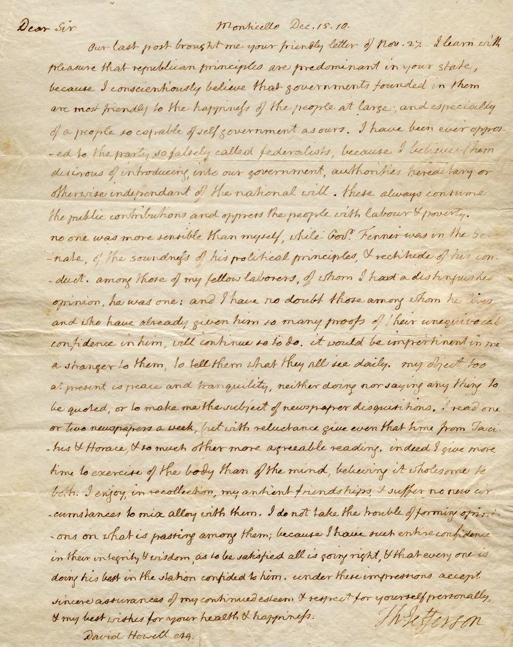 Thomas Jefferson to David Howell, December 15, 1810 (Gilder Lehrman Institute of American History)