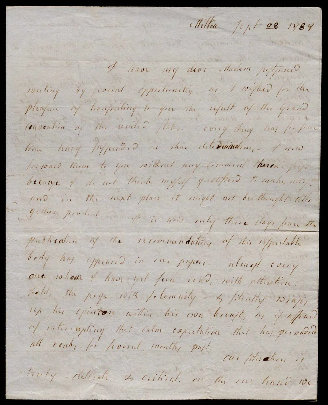 Mercy O. Warren to Catharine Macaulay, September 28, 1787 (The Gilder Lehrman Institute of American History)