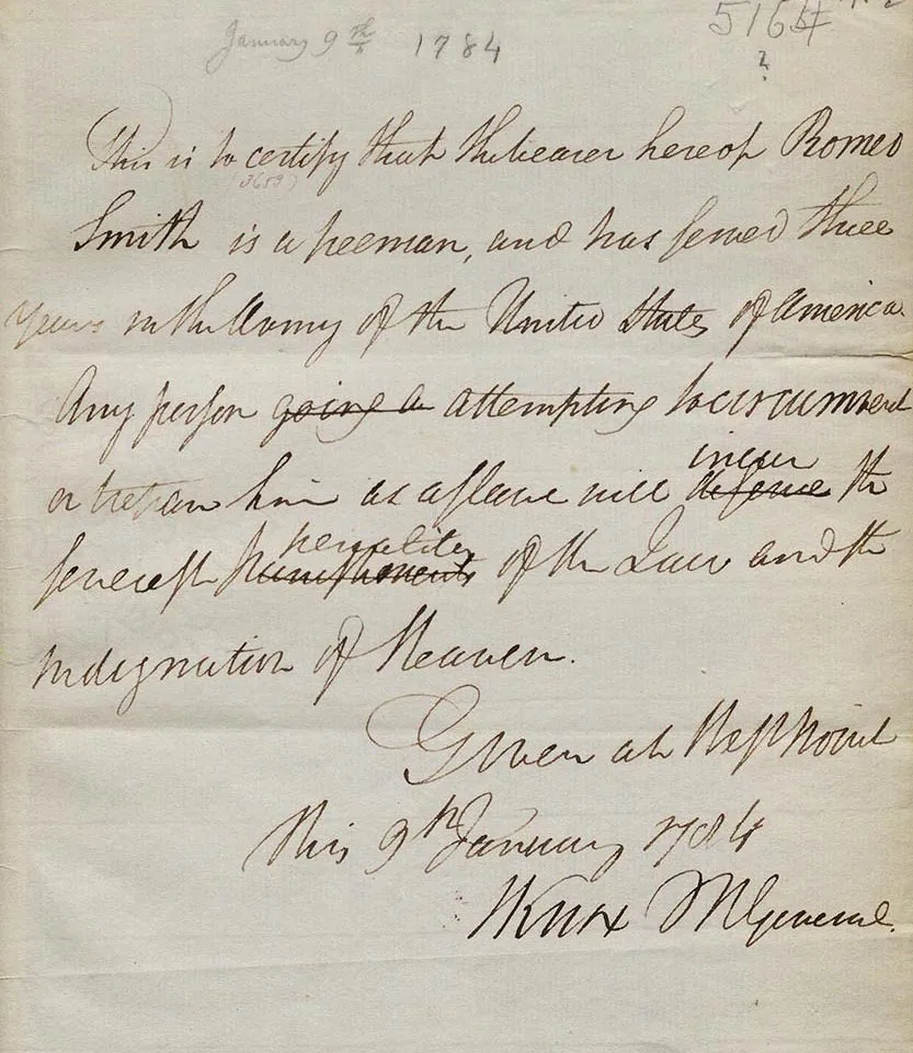 Henry Knox certifies Romeo Smith's status as a free man, January 9, 1784. (The Gilder Lehrman Institute of American History)