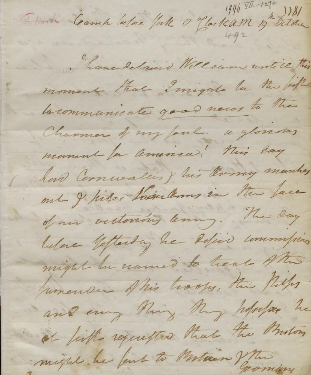 Henry Knox to Lucy Knox, October 19, 1781 (The Gilder Lehrman Institute of American History)