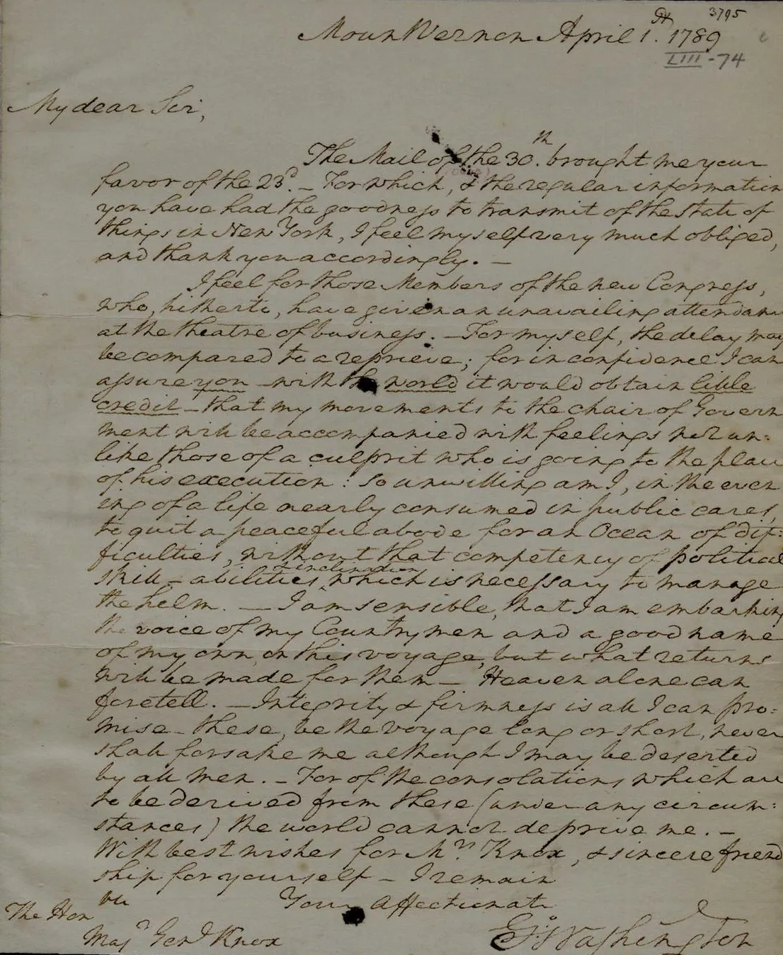 George Washington to Henry Knox, April 1, 1789 (The Gilder Lehrman Institute of American History)