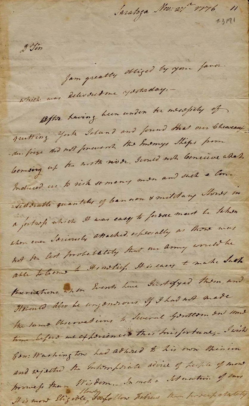 Philip John Schuyler to James Duane, November 27, 1776 (The Gilder Lehrman Institute of American History)