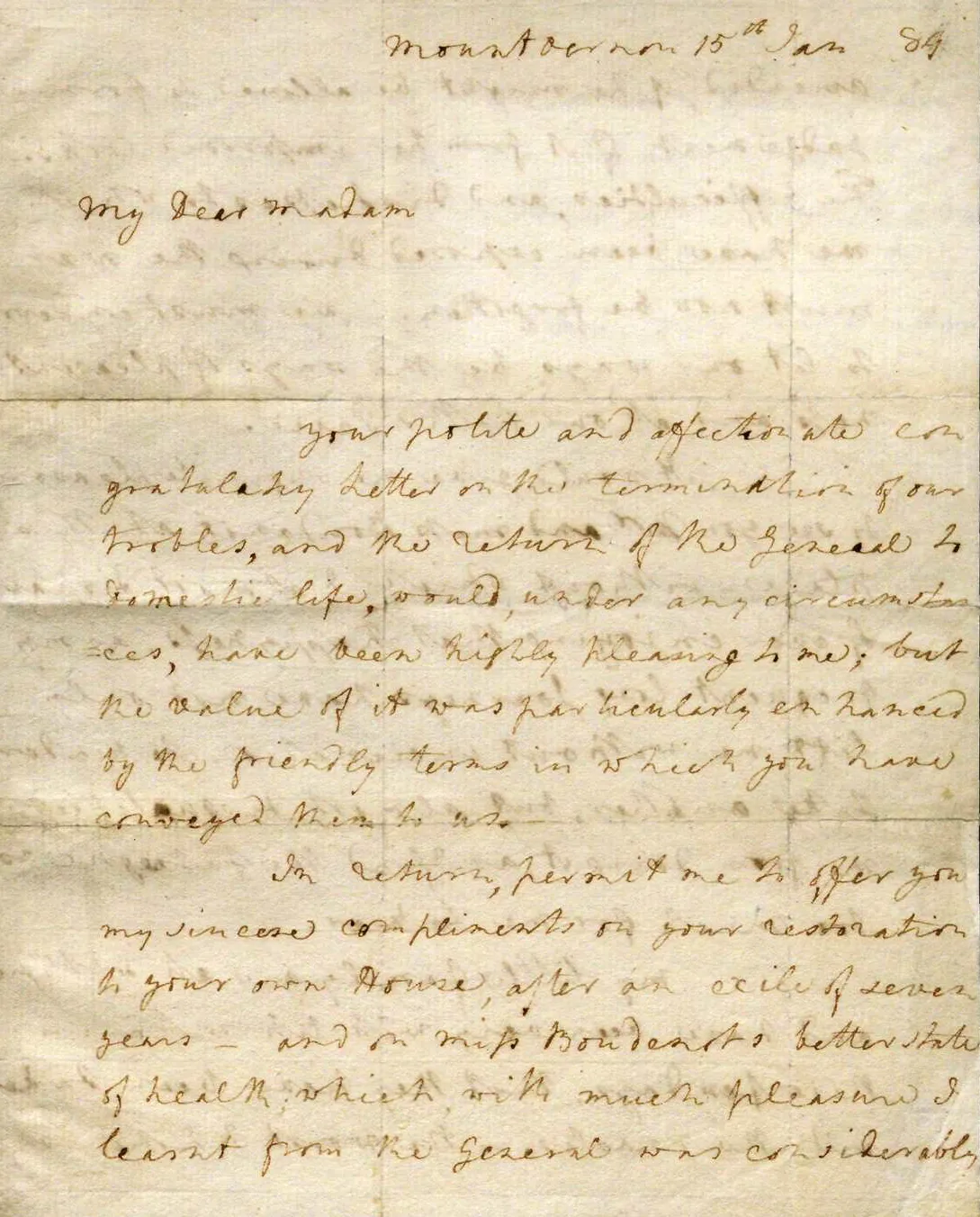 Martha Washington to Hannah S. Boudinot, January 15, 1784 (The Gilder Lehrman Institute of American History)