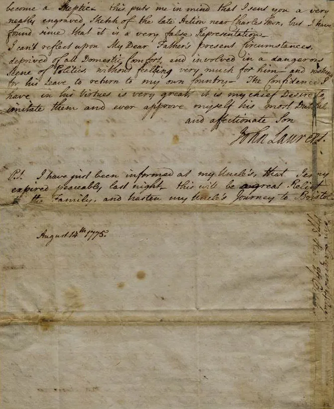 John Laurens to Henry Laurens, August 14, 1775 (The Gilder Lehrman Institute of American History)