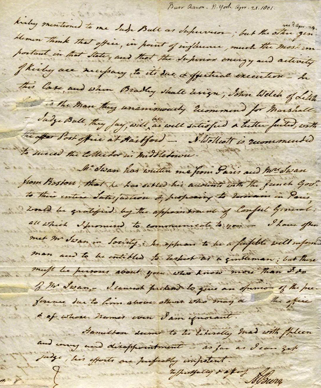 Aaron Burr to Thomas Jefferson, April 21, 1801 (The Gilder Lehrman Institute of American History)