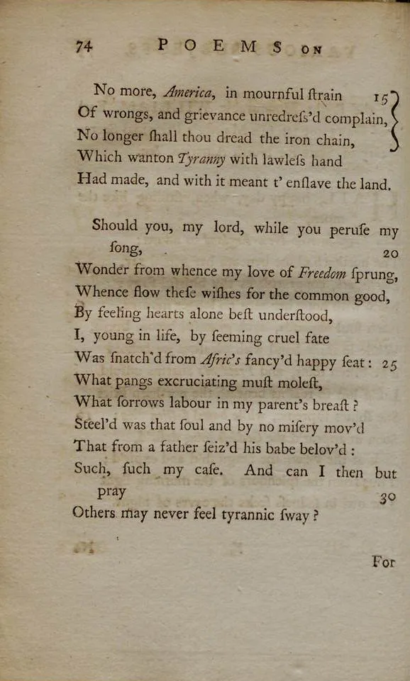 “To the Right Honourable William, Earl of Dartmouth” by Phillis Wheatley, in Poems on Various Subjects, Religious and Moral, London, 1773. (The Gilder Lehrman Institute of American History)