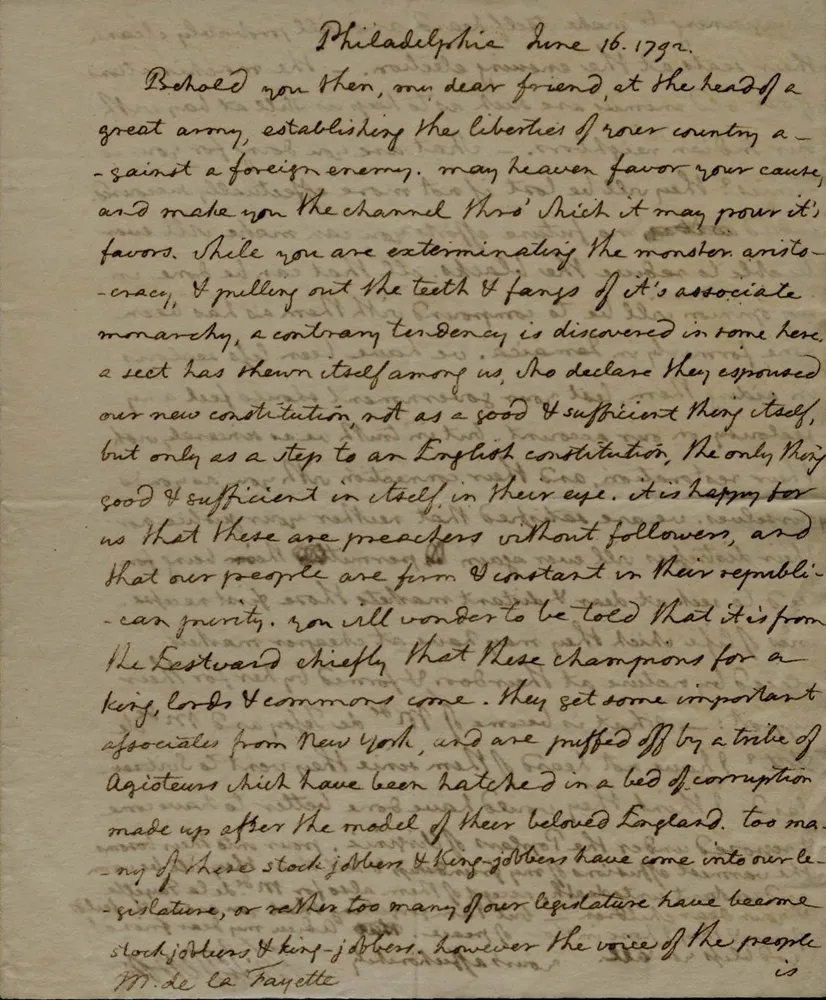 Thomas Jefferson to Marquis de Lafayette, June 16, 1792 (The Gilder Lehrman Institute of American History)