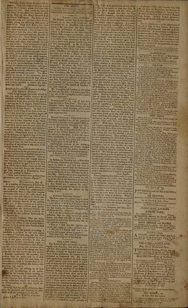 Eastern Argus, August 2, 1804 (The Gilder Lehrman Institute of American History)