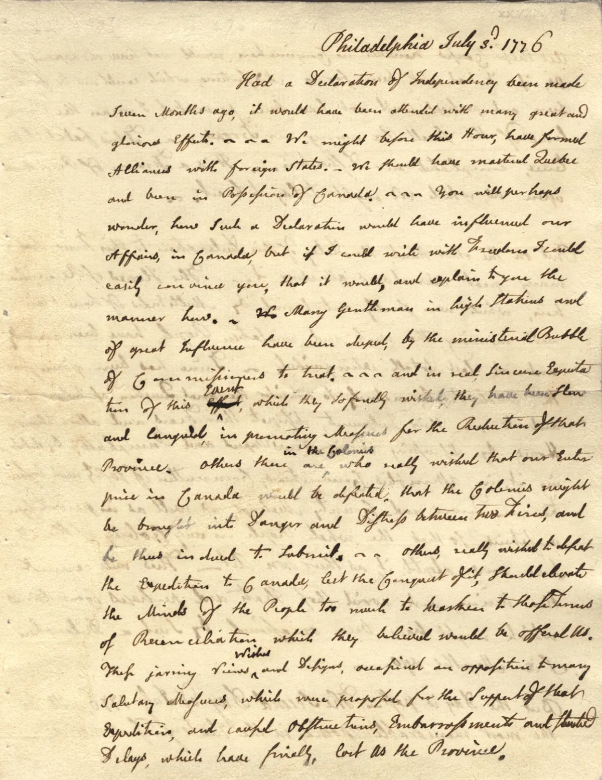 Letter from John Adams to Abigail Adams, July 3, 1776 (Adams Family Papers, Massachusetts Historical Society)