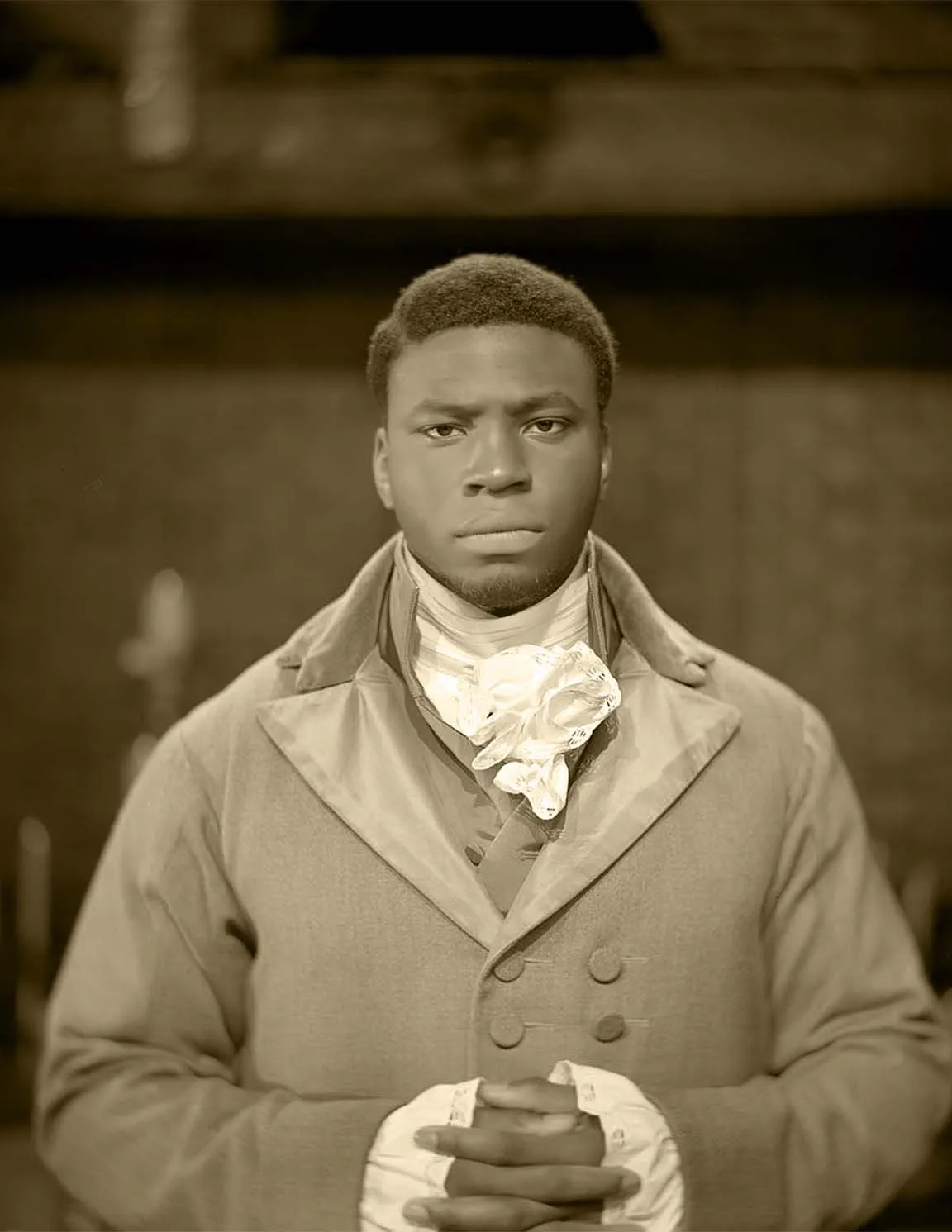 Okieriete "Oak" Onaodowan as James Madison. Photo by Josh Lehrer using a camera lens from the mid-1800s.