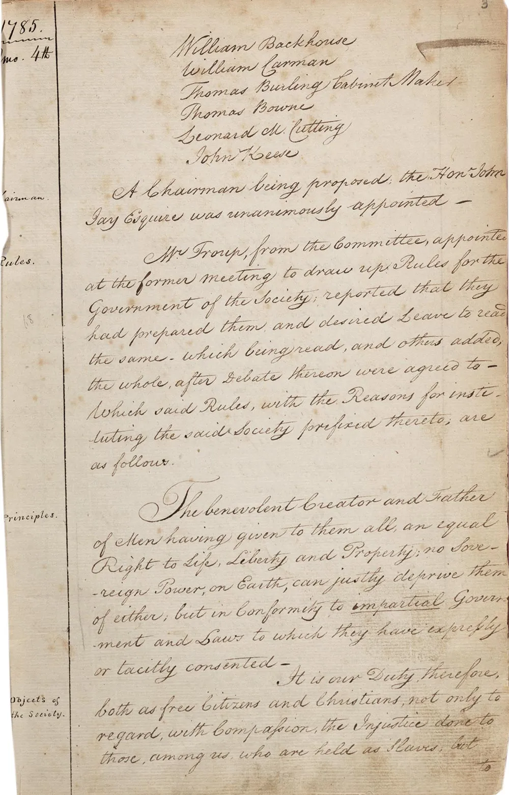 Rules and Principles of the New-York Manumission Society, February 4, 1785. (New-York Historical Society)