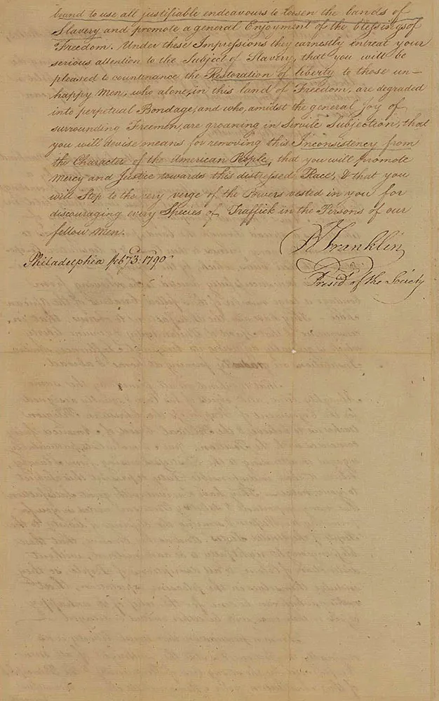 Petition from the Pennsylvania Society for the Abolition of Slavery, signed by Benjamin Franklin, February 3, 1790. (US Senate Archive)