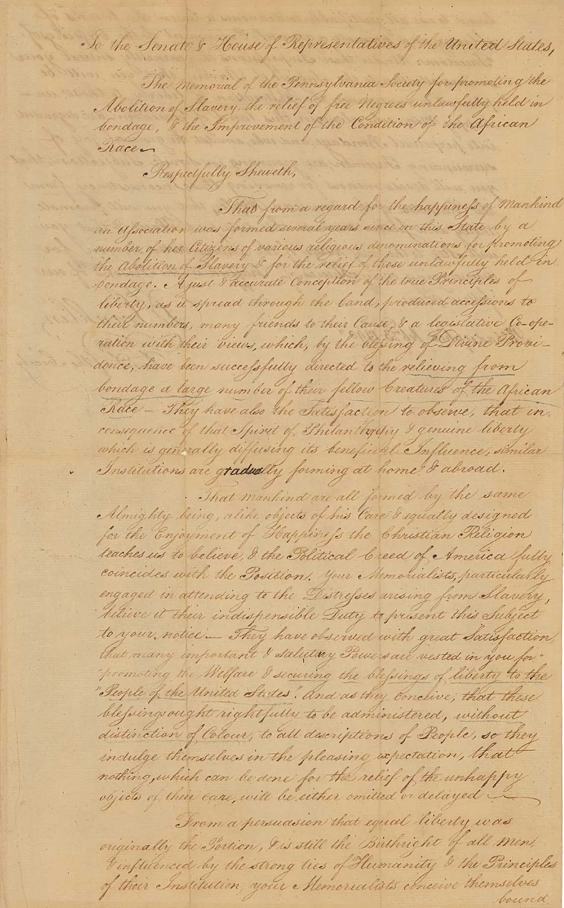 Petition from the Pennsylvania Society for the Abolition of Slavery, signed by Benjamin Franklin, February 3, 1790. (US Senate Archive)