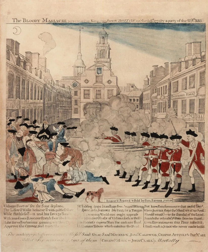 Detail from Paul Revere, “The Bloody Massacre in King-Street, March 5, 1770,” Boston, 1770. (The Gilder Lehrman Institute of American History)