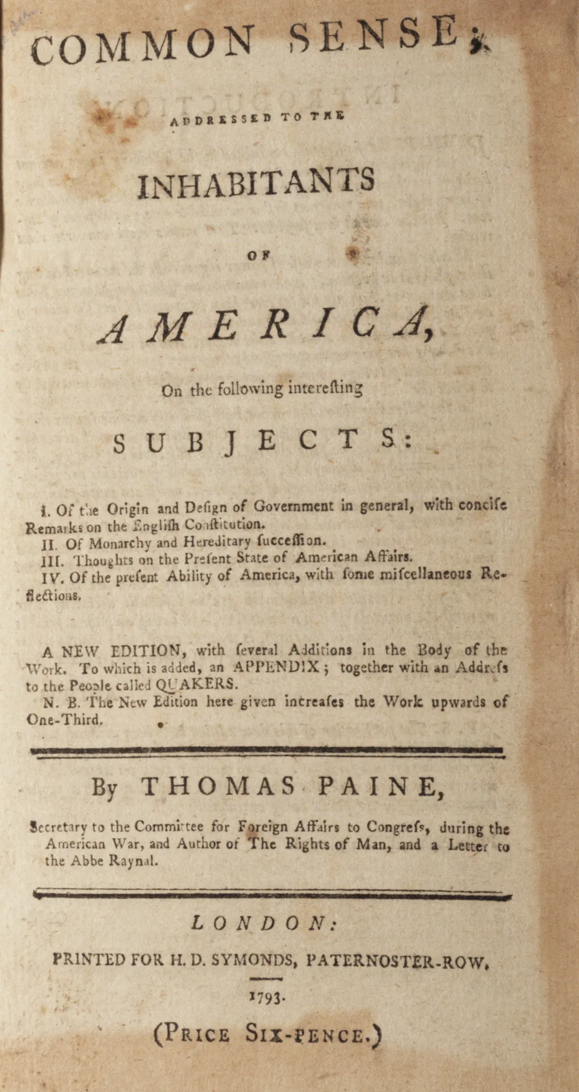 "Common Sense: Addressed to the Inhabitants of America" by Thomas Paine (The Gilder Lehrman Institute of American History, GLC08643)