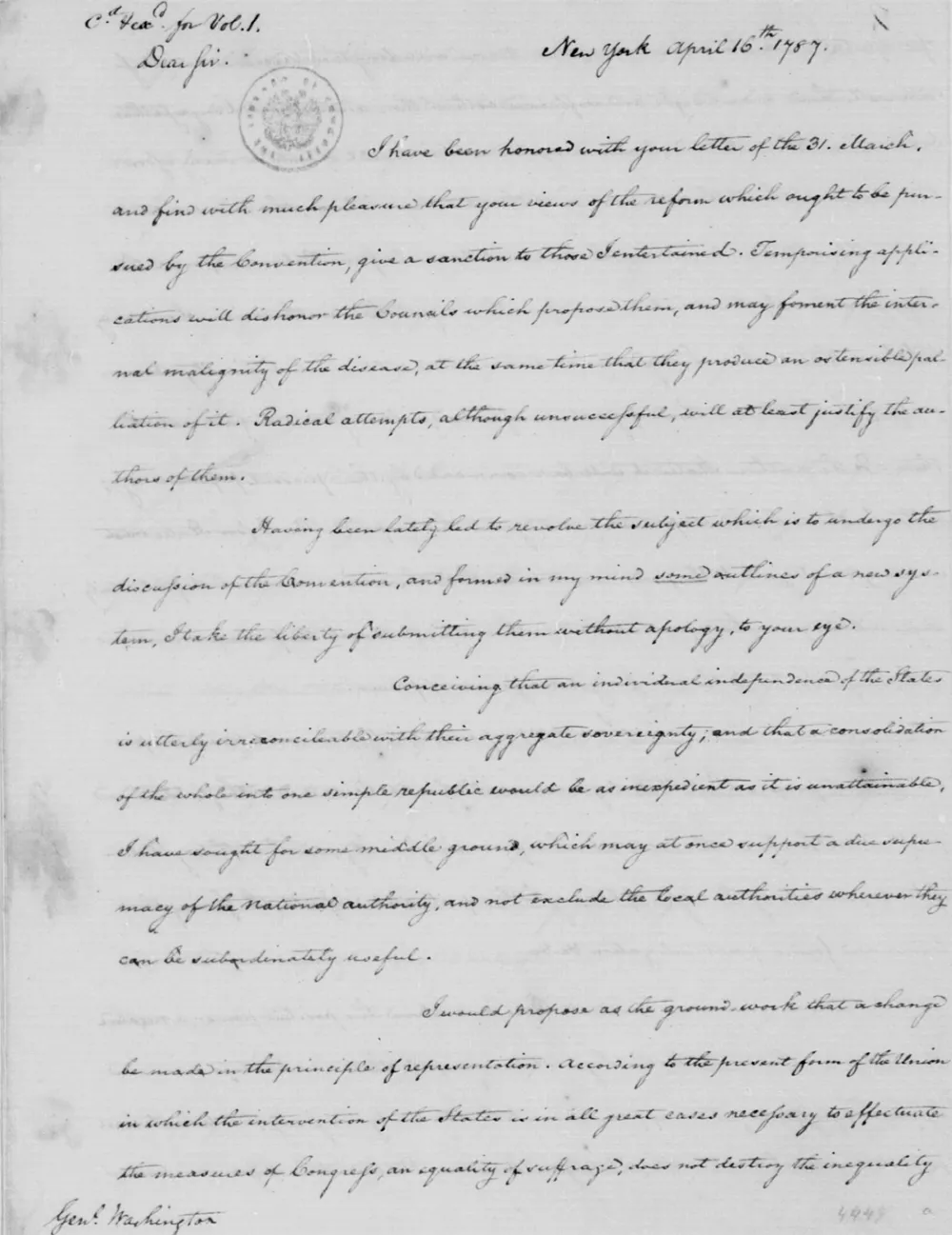 James Madison to George Washington, April 16, 1787 (Library of Congress)