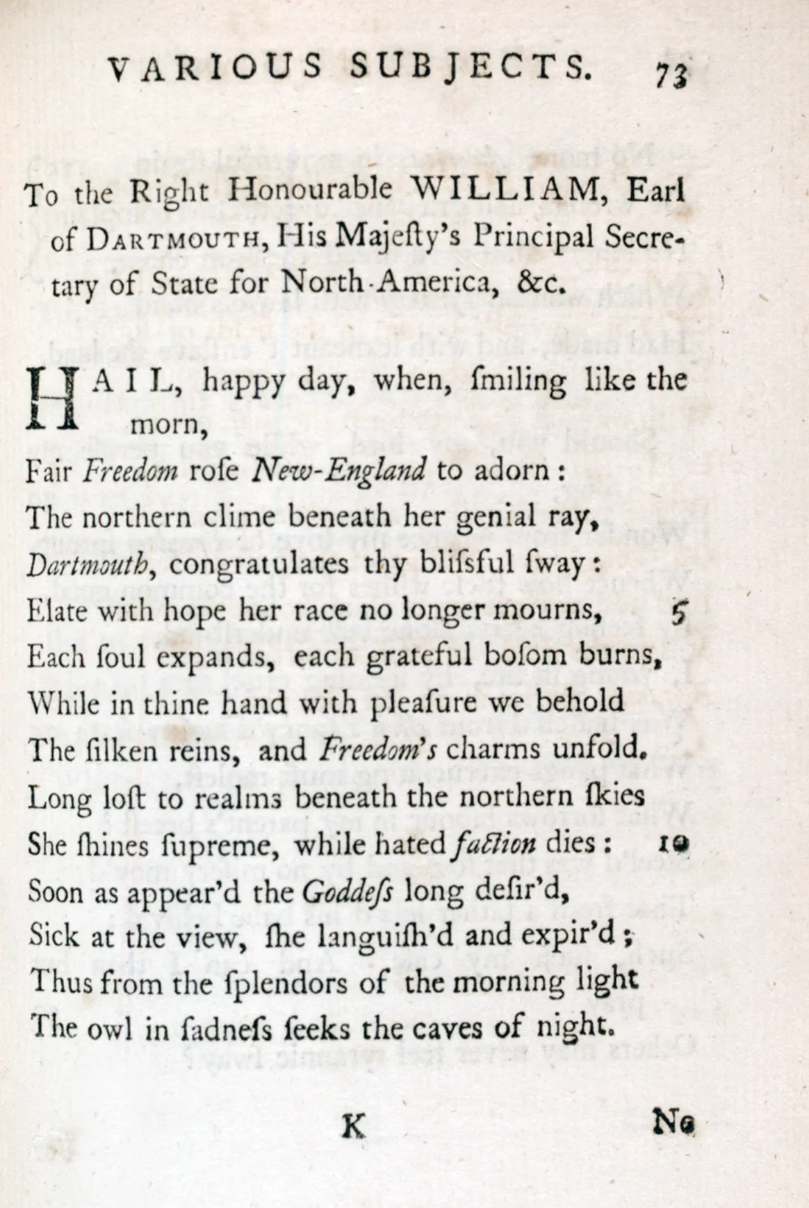 “To the Right Honourable William, Earl of Dartmouth” by Phillis Wheatley, in Poems on Various Subjects, Religious and Moral, London, 1773. (The Gilder Lehrman Institute of American History)