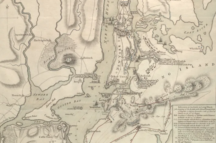 Map showing Howe's attack on Washington's forces on Long Island, August 1776 (The Gilder Lehrman Institute of American History, GLC04177)