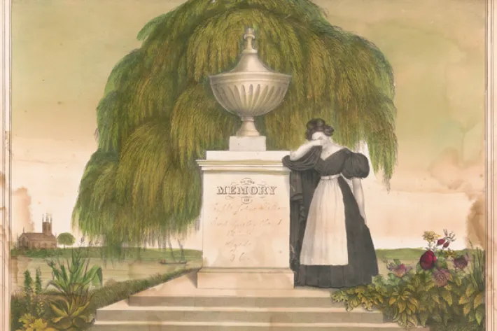 Woman mourning by tomb, lithograph by D.W. Kellogg & Co., ca. 1840. (Library of Congress)