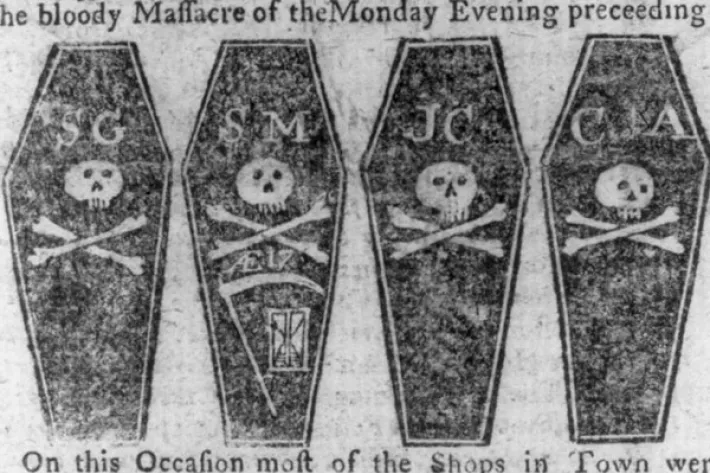 Paul Revere, "Four coffins of men killed in the Boston Massacre" (Library of Congress)