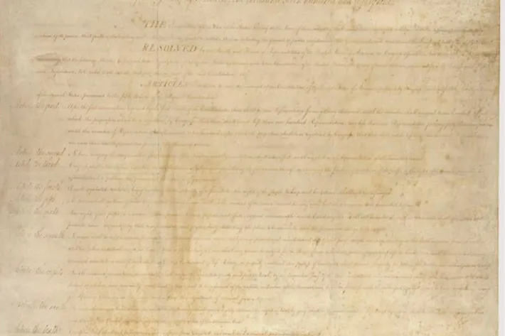 Detail from the Bill of Rights. (National Archives)