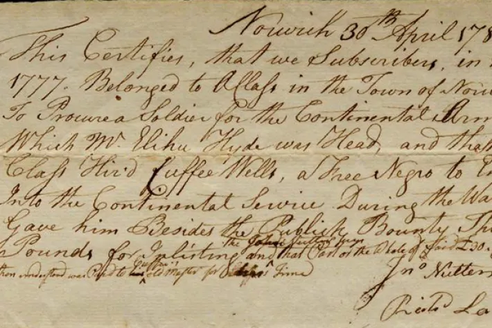 Certification of Cuffee Wells's purchase of freedom, April 30, 1781. (The Gilder Lehrman Institute of American History)