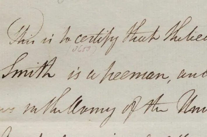 Henry Knox certifies Romeo Smith's status as a free man, January 9, 1784. (The Gilder Lehrman Institute of American History)