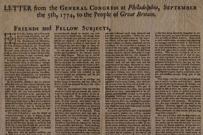 The General Congress at Philadelphia,  September 5, 1774. (The Gilder Lehrman Institute of American History)