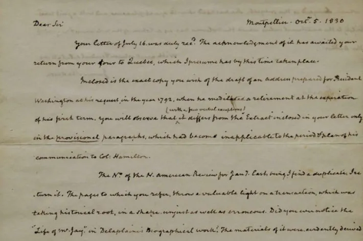 James Madison to Jared Sparks, October 5, 1830 (The Gilder Lehrman Institute of American History)