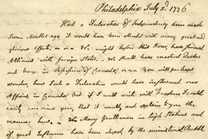 Letter from John Adams to Abigail Adams, July 3, 1776 (Adams Family Papers, Massachusetts Historical Society)