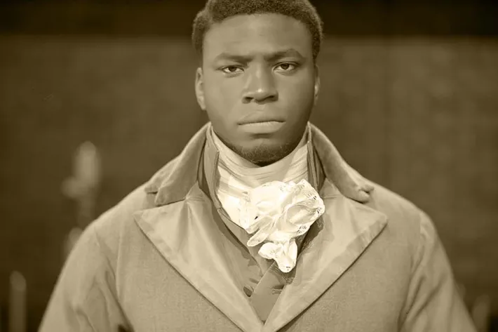 Okieriete "Oak" Onaodowan as James Madison. Photo by Josh Lehrer using a camera lens from the mid-1800s.