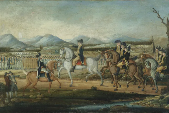 “Washington Reviewing the Western Army at Fort Cumberland, Maryland,” attributed to Frederick Kemmelmeyer, 1795 (Metropolitan Museum of Art)