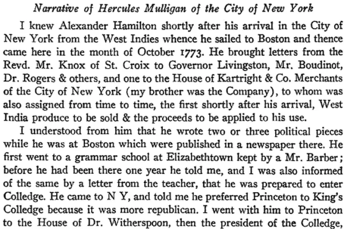 Hercules Mulligan Writes about Meeting Alexander Hamilton ca. 1810 Hamilton Education Program