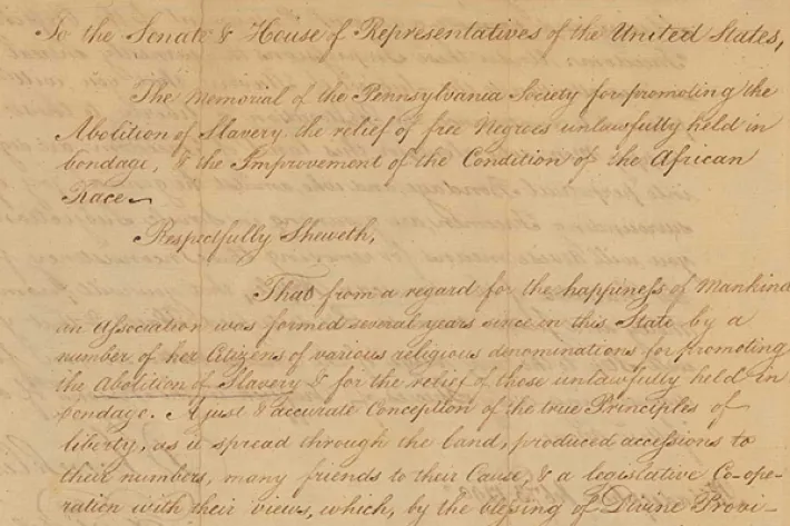 Petition from the Pennsylvania Society for the Abolition of Slavery, signed by Benjamin Franklin, February 3, 1790. (US Senate Archive)