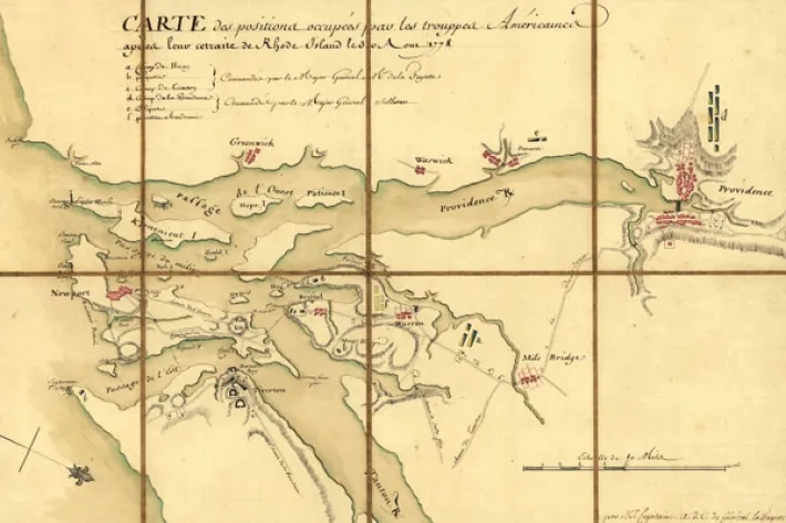 A 1778 French military map showing the positions of generals Lafayette and Sullivan around Narragansett Bay on August 30, 1778 (Library of Congress)