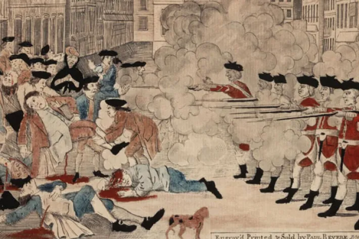 Detail from Paul Revere, “The Bloody Massacre in King-Street, March 5, 1770,” Boston, 1770. (The Gilder Lehrman Institute of American History)