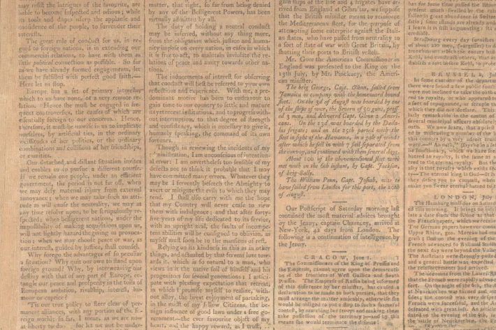 Farewell Address, Claypoole's Advertiser, September 19, 1796 (The Gilder Lehrman Institute of American History)