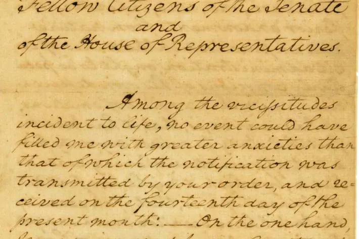 Excerpt from the first page of Washington's First Inaugural Address (National Archives)