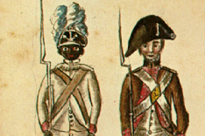 Soldiers at the siege of Yorktown, including an African American soldier of the 1st Rhode Island Regiment, by Jean-Baptiste-Antoine DeVerger, 1781. (Anne S. K. Brown Military Collection, Brown University)